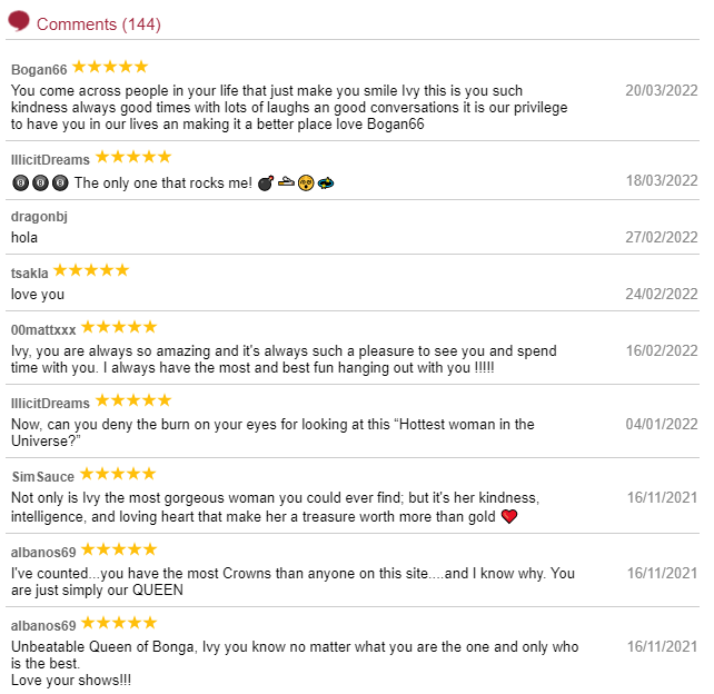 The comments wall on the full profile page of a model