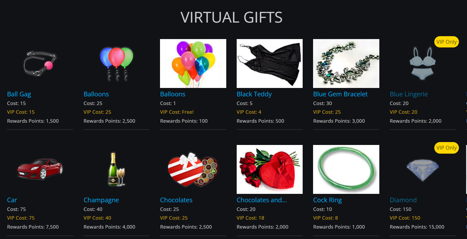 Example of the virtual gifts available on Flirt4Free